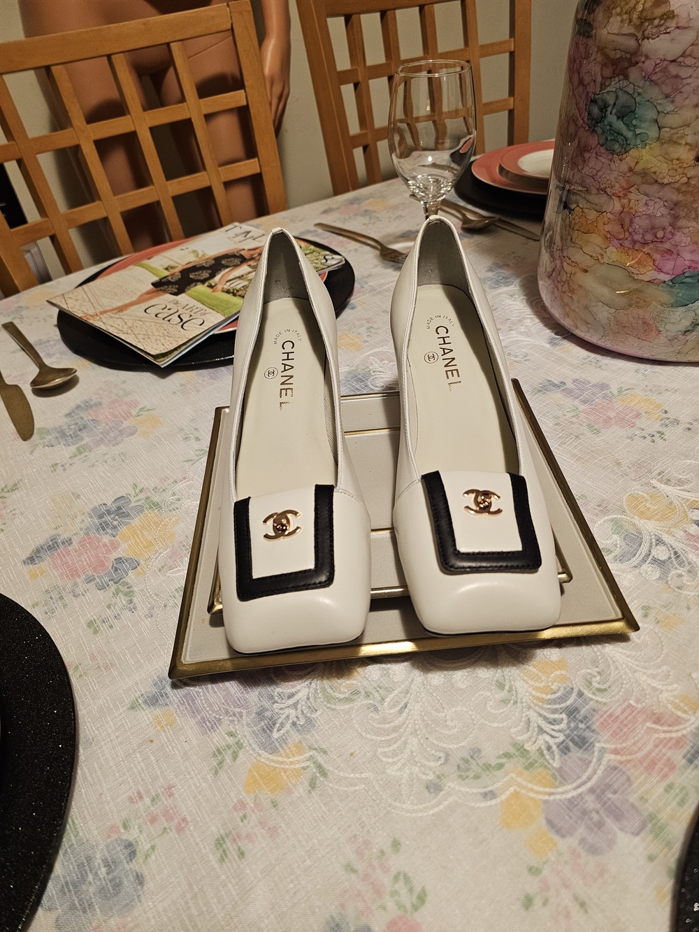 Chanel White and Black Leather Ballet Flats with Gold CC Emblem